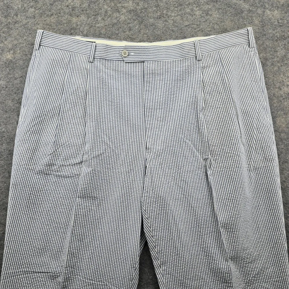Jos A Bank Windsor Pants Mens 42 Blue White Seersucker Cotton Pleated Executive